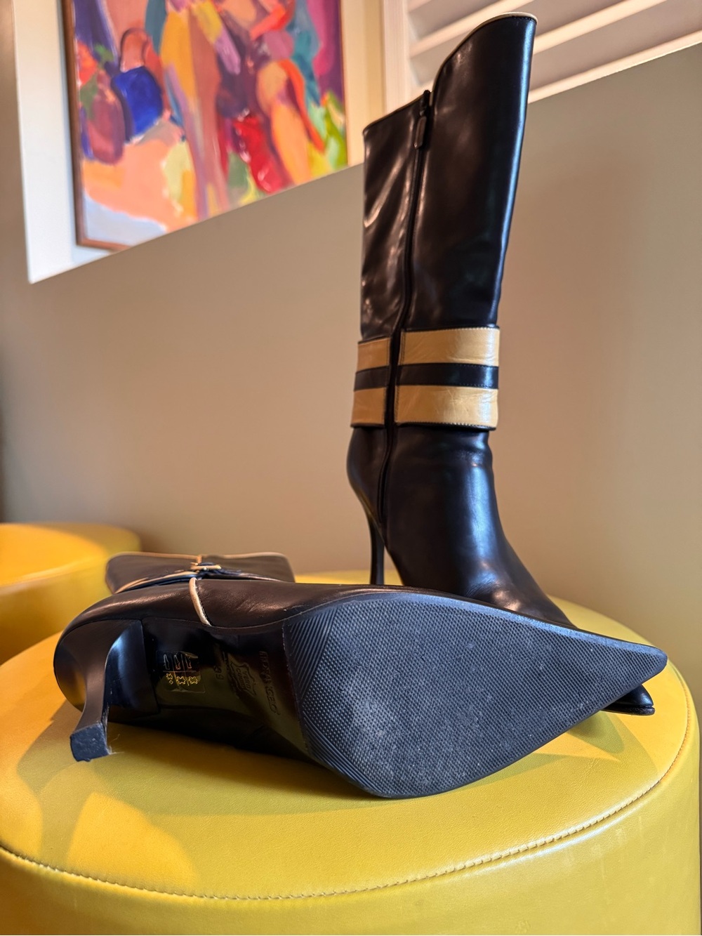 Fiorangelo Black Leather Mid-Calf Stiletto Boots with Tan Accent - Picture 2 of 6